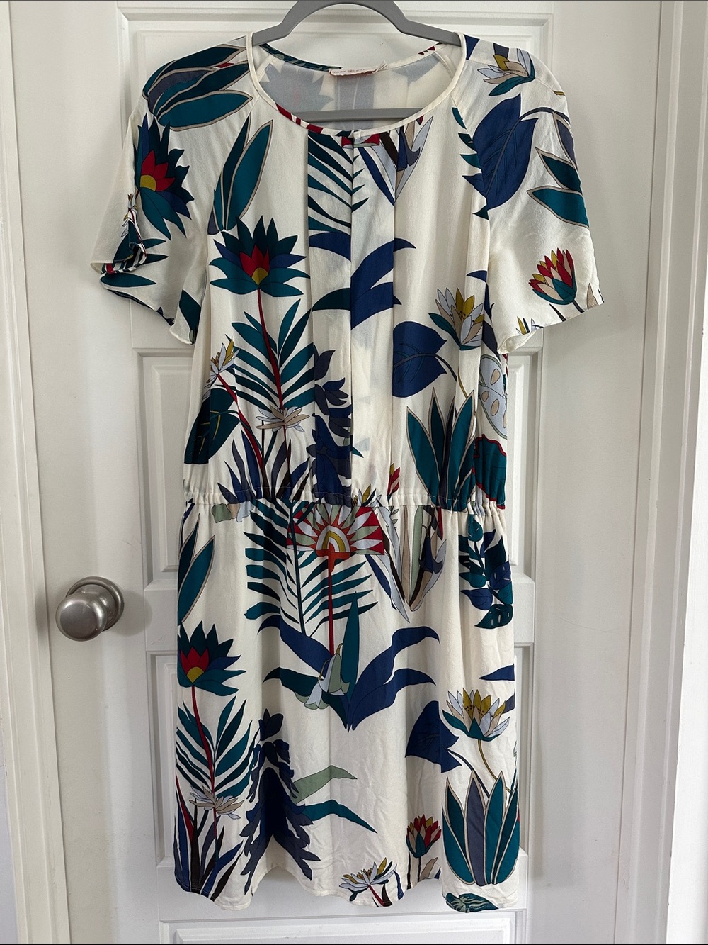 Tory Burch White Mini Dress with Navy, Teal & Red Floral Motif
